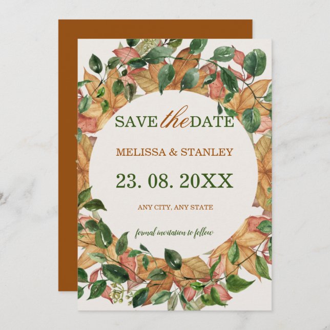 Save The Date Aquarelle Florale Orange Verdure Rustique (Devant / Derrière)