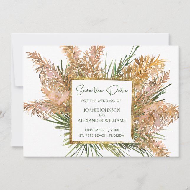 Save The Date Aquarelle Florale Pampas Mariage en herbe (Devant)