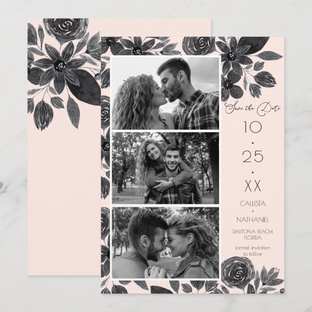 Save The Date Aquarelle florale rose noir moderne Mariage photo (Devant / Derrière)