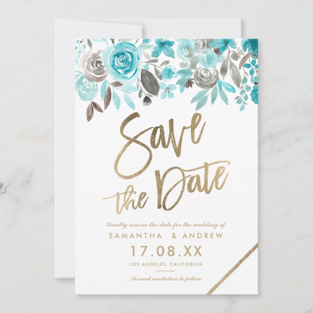 Save The Date Aquarelle florale turquoise or enregistrer la date (Devant)