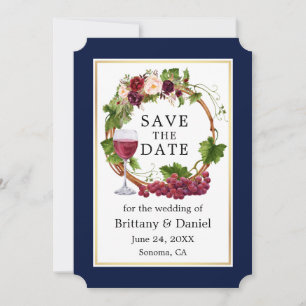 Save The Date Aquarelle Florale Vins de raisin Vin Wreath Bleu