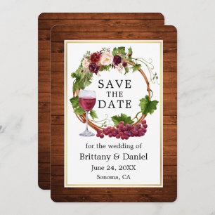 Save The Date Aquarelle Florale Vins de raisin Wreath Bois