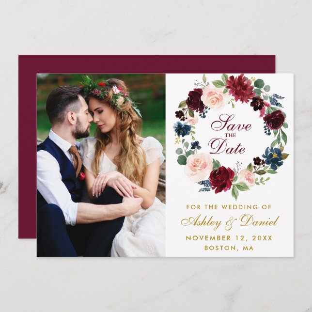 Save The Date Aquarelle Florale Wreath Burgundy Bleu Mariage B (Devant / Derrière)