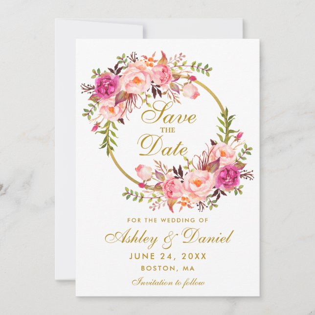Save The Date Aquarelle Florale Wreath Or Rose Enregistrer La Da (Devant)