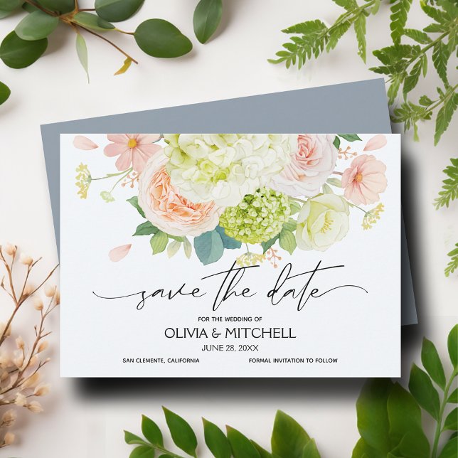 Save The Date Aquarelle Florales Mariage bleu foncé (Watercolor Florals Dusty Blue Wedding Save The Date Cards)