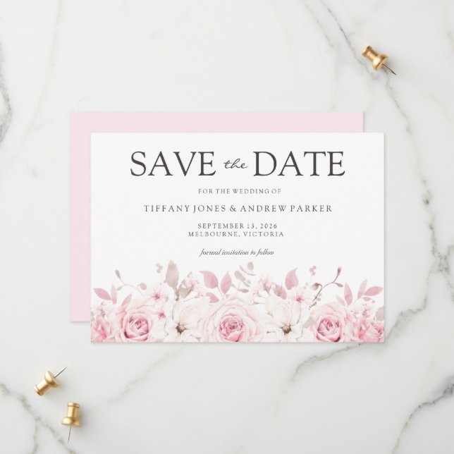 Save The Date Aquarelle Flore Mariage élégant (Devant/Arrière en situation)