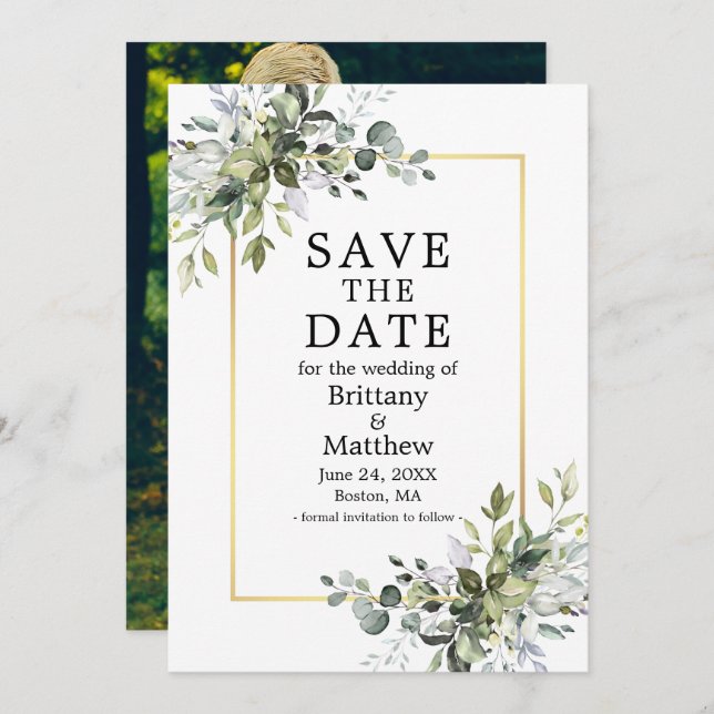 Save The Date Aquarelle Gold Frame Botanical Green Photo (Devant / Derrière)