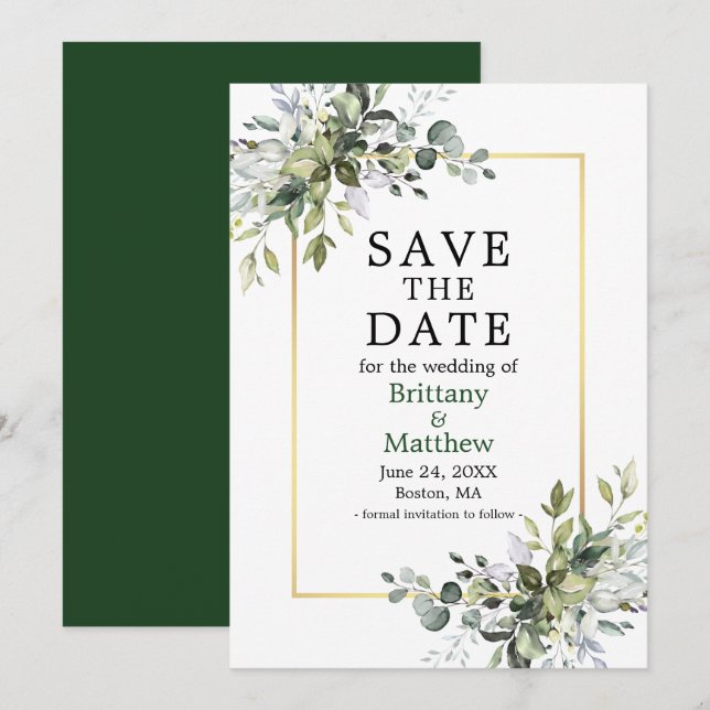 Save The Date Aquarelle Gold Frame Botanique Verdure Élégante (Devant / Derrière)