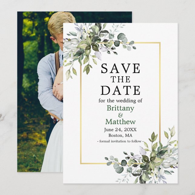 Save The Date Aquarelle Gold Frame Vert Photo (Devant / Derrière)