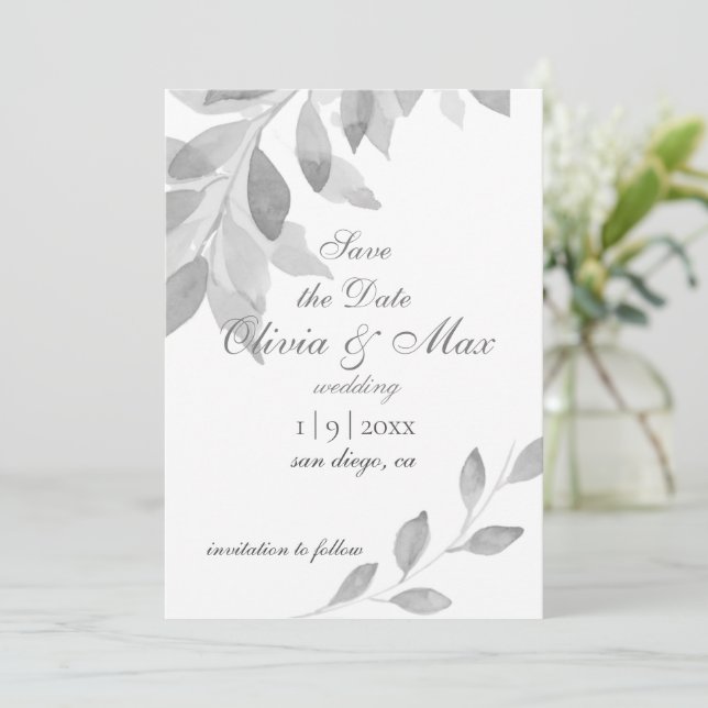 Save The Date Aquarelle gris et blanc Enregistrer la date (Debout devant)