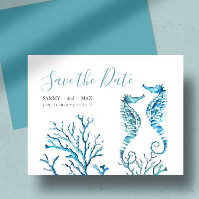 Save The Date Aquarelle Hippocampe et corail Enregistrer la date (Beach wedding save the date watercolor seahorses and coral art in blue by Victoria Grigaliunas)