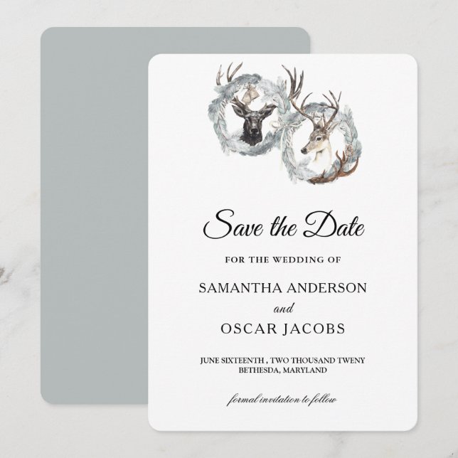 Save The Date Aquarelle hiver Cerf Wreath Argent (Devant / Derrière)