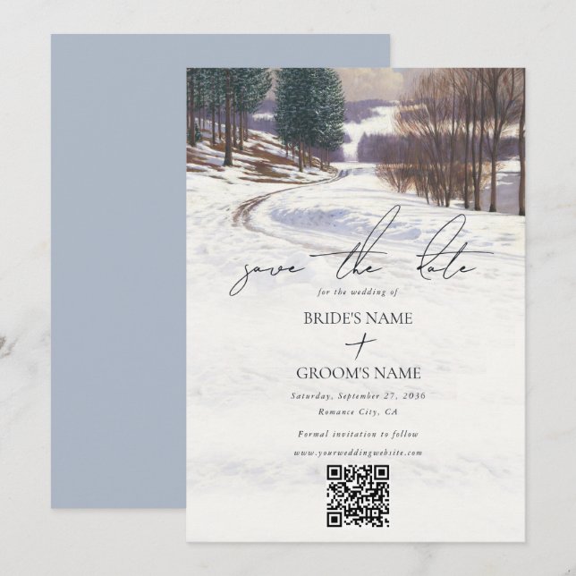 Save The Date Aquarelle Hiver Mariage paysage neige (Devant / Derrière)
