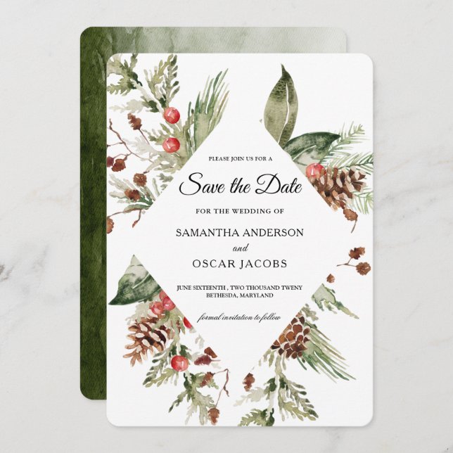 Save The Date Aquarelle Hiver Pine verte Arbre et Pine Cône (Devant / Derrière)