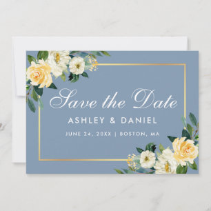 Save The Date Aquarelle Jaune Blanc Floral Dusty Blue