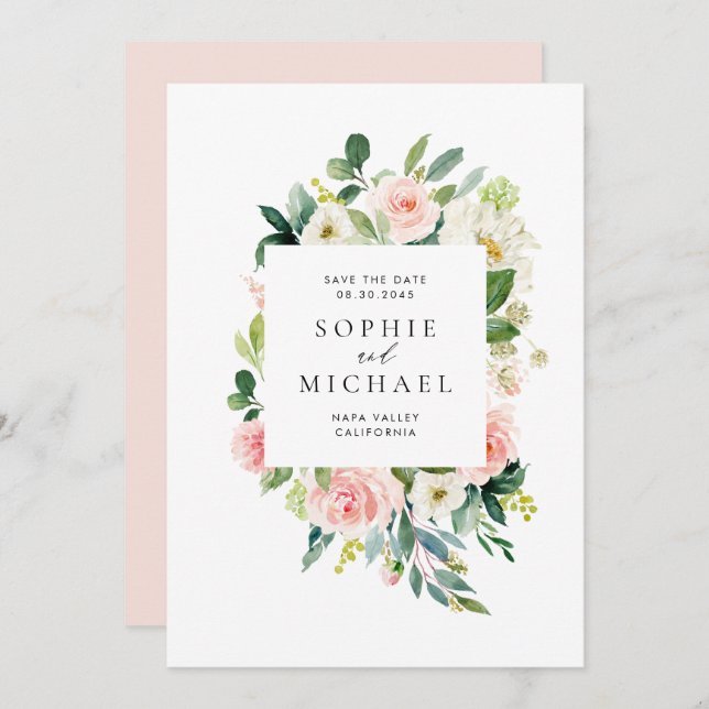 Save The Date Aquarelle Jolie Fleurs roses et verdure (Devant / Derrière)