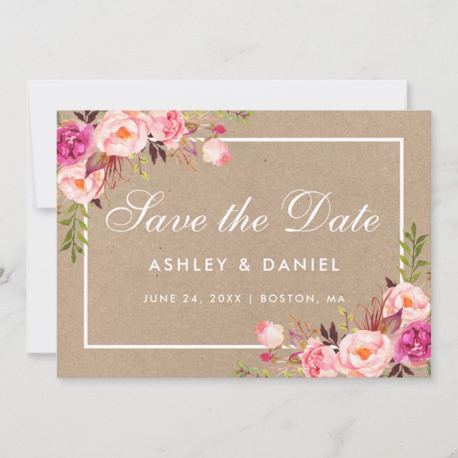 Save The Date Aquarelle Kraft Rose Blush Floral Enregistrer La D (Devant)