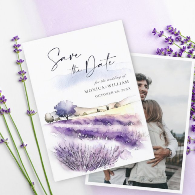 Save The Date Aquarelle Lavender Flowers Field Photo Mariage (Créateur téléchargé)