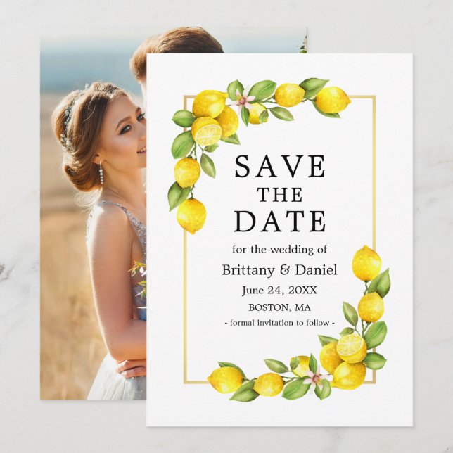 Save The Date Aquarelle Lemons Vert Photo Gold Frame (Devant / Derrière)