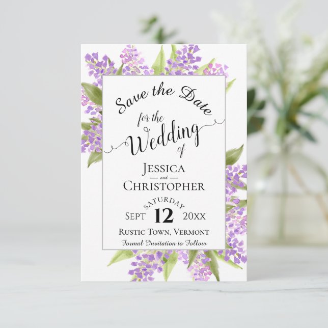Save The Date Aquarelle Lilacs et calligraphie Mariage simple (Debout devant)