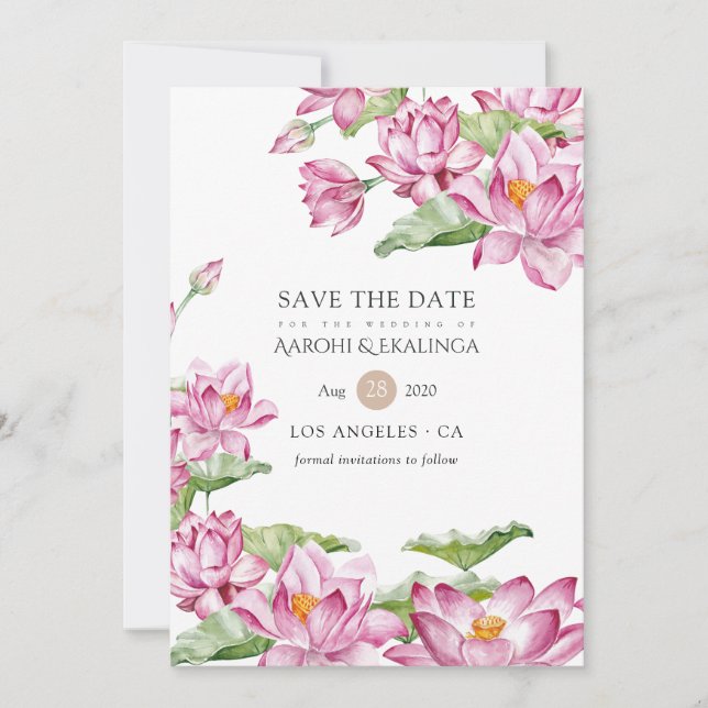 Save The Date Aquarelle Lotus Flower Mariage indien (Devant)