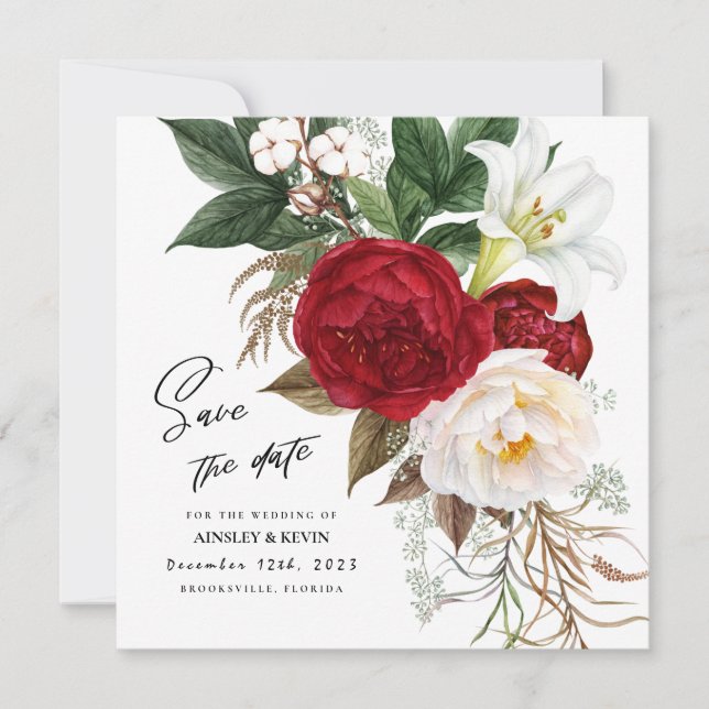 Save The Date Aquarelle luxuriante Bouquet Floral Mariage Monogr (Devant)