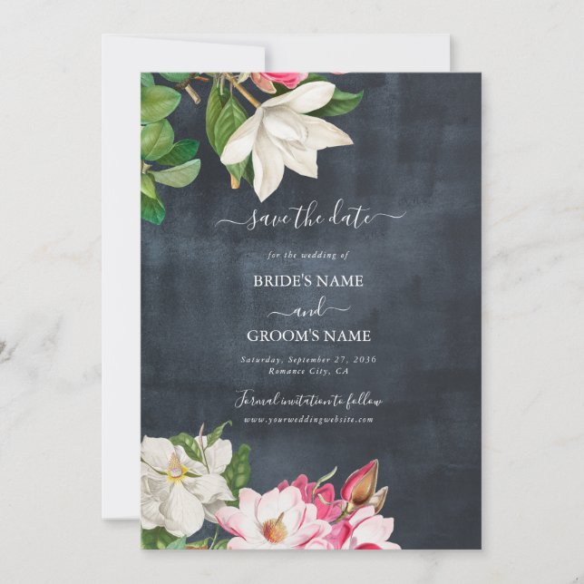 Save The Date Aquarelle Magnolia Fleurs Mariage Noir Blanc (Devant)