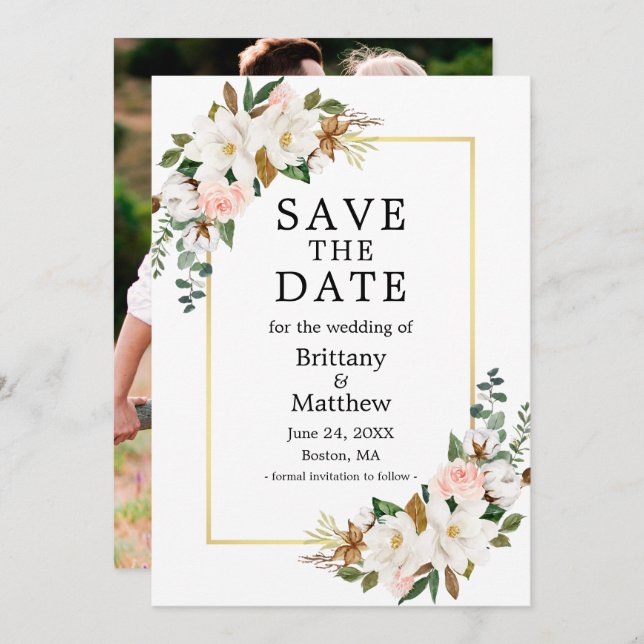 Save The Date Aquarelle Magnolias Rose Gold Frame Photo (Devant / Derrière)