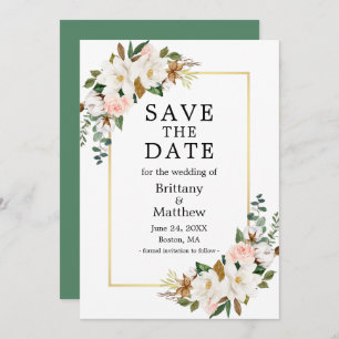 Save The Date Aquarelle Magnolias Rose Gold Frame Vert