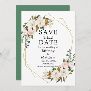 Save The Date Aquarelle Magnolias Rose Gold Geo Cadre Vert