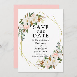 Save The Date Aquarelle Magnolias Rose Gold Geo Frame rose