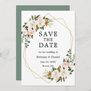 Save The Date Aquarelle Magnolias Roses Gold Sage Vert