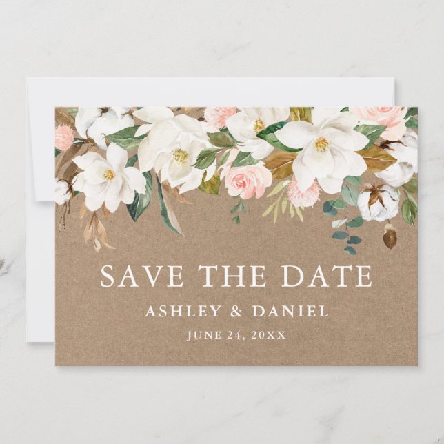 Save The Date Aquarelle Magnolias Roses roses Kraft (Devant)