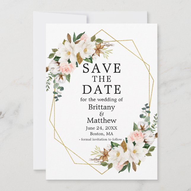Save The Date Aquarelle Magnolias Roses Roses Rose Or Geo Frame (Devant)