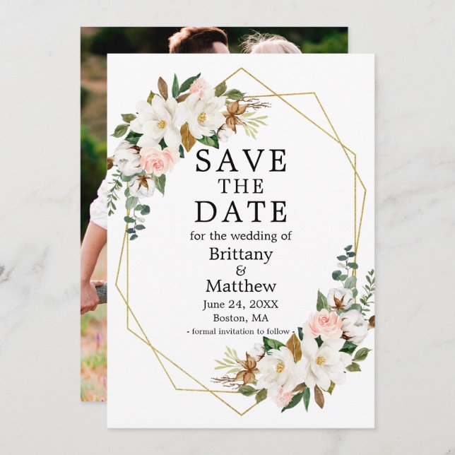 Save The Date Aquarelle Magnolias Roses Roses Roses Rose Geo Cad (Devant / Derrière)