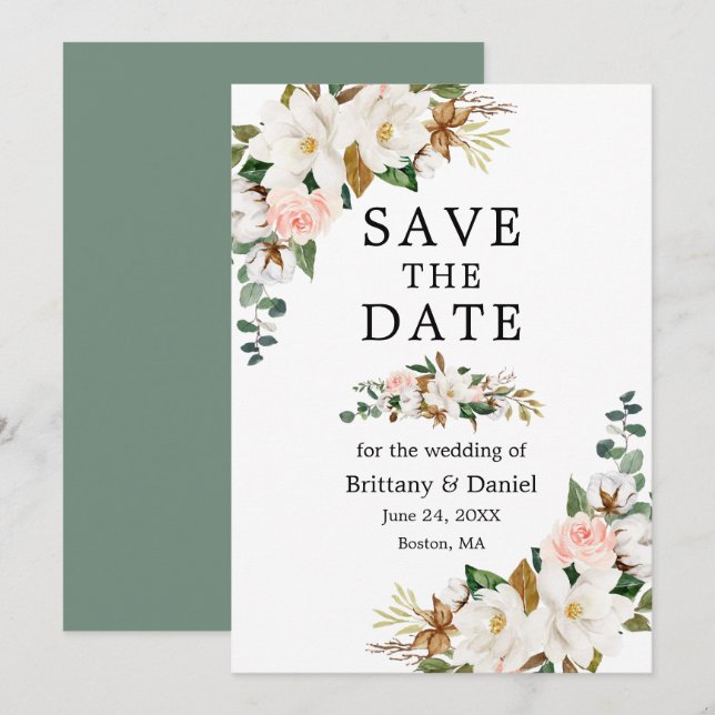 Save The Date Aquarelle Magnolias Roses Sage Green (Devant / Derrière)
