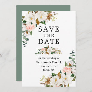 Save The Date Aquarelle Magnolias Roses Sage Green