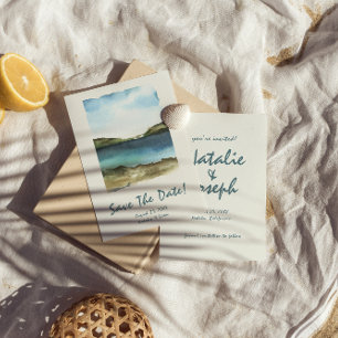 Save The Date Aquarelle Main Tirée Plage Rétro Mariage unique