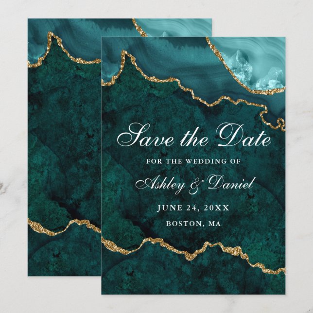 Save The Date Aquarelle Marbre Télésiose Or Géode (Devant / Derrière)