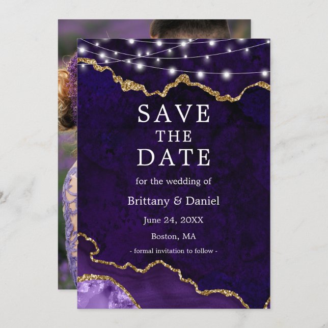 Save The Date Aquarelle Marbre violet Agate Géode Lumière Photo (Devant / Derrière)