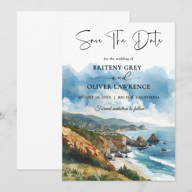 Save The Date Aquarelle mariage sur la côte Big Sur Californie (Devant / Derrière)
