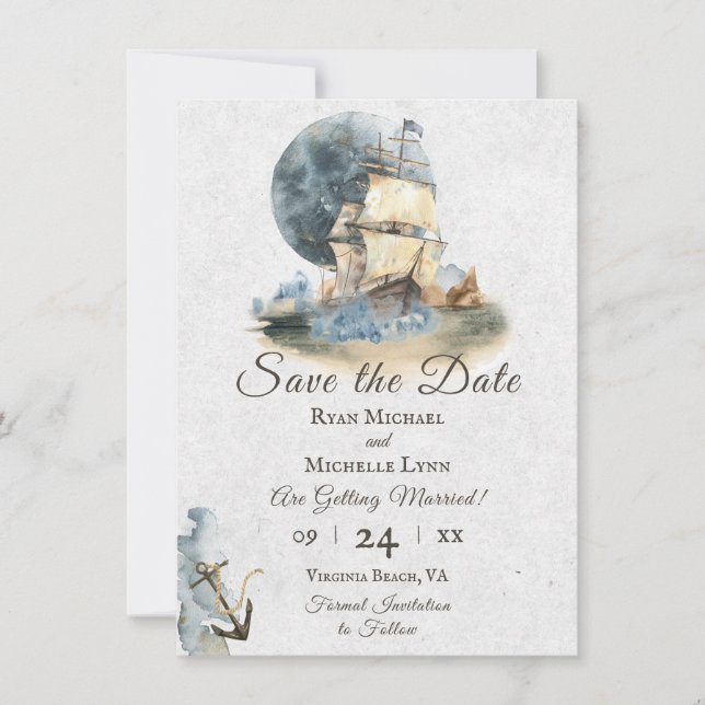 Save The Date Aquarelle marine navire et Mariage de Pleine lune (Devant)