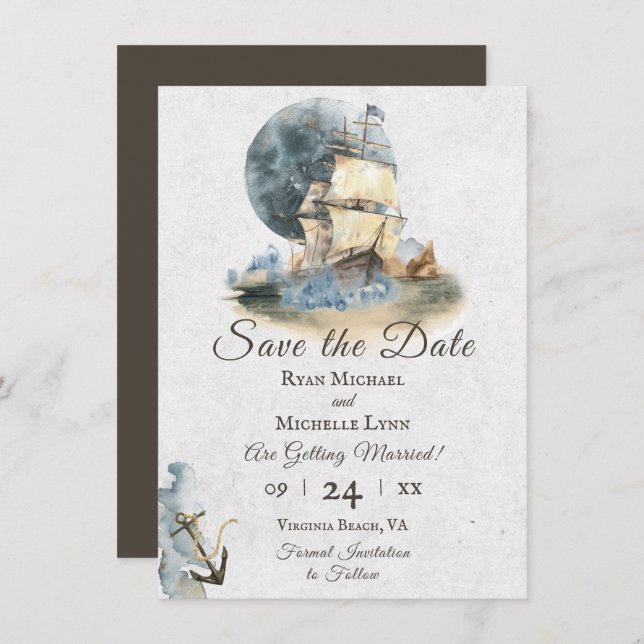 Save The Date Aquarelle marine navire et Mariage de Pleine lune (Devant / Derrière)