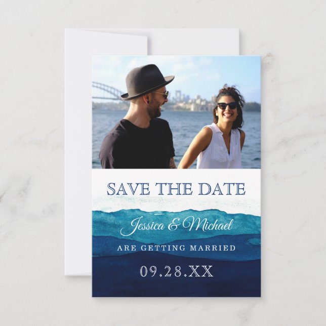 Save The Date Aquarelle Marine photo bleu profond (Devant)