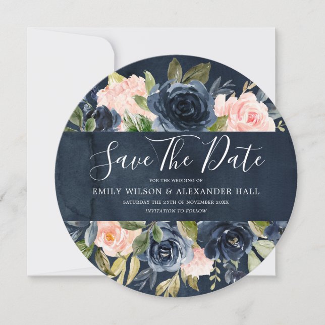Save The Date Aquarelle Marine profonde Blush Floral (Devant)