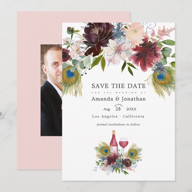Save The Date Aquarelle Marsala et Fleurs de mariage en rose Sav (Devant / Derrière)