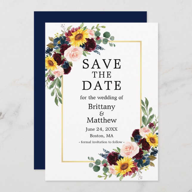 Save The Date Aquarelle mélangée Floral Blue or élégant (Devant / Derrière)