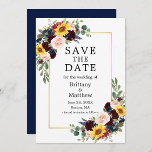 Save The Date Aquarelle mélangée Floral Blue or élégant