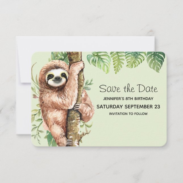 Save The Date Aquarelle mignonne Sloth & Feuilles tropicaux (Devant)