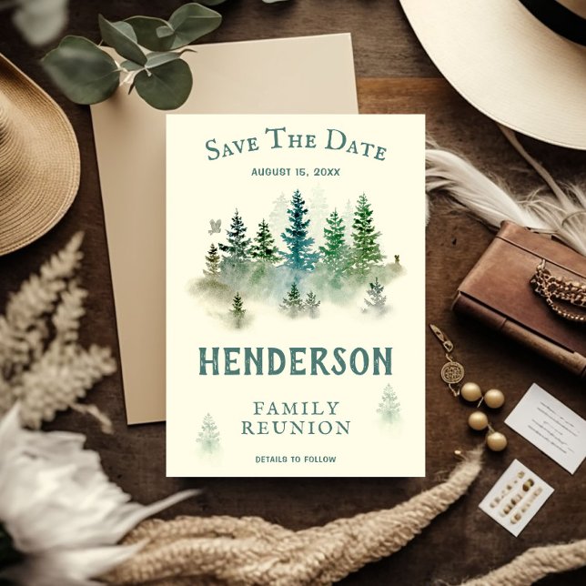 Save The Date Aquarelle Misty Wood Rétro Rustique Famille Réunio (Créateur téléchargé)